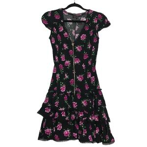 Material Girl Dark Floral Lace Cap Sleeve Tiered Ruffled Dress Size S Coquette